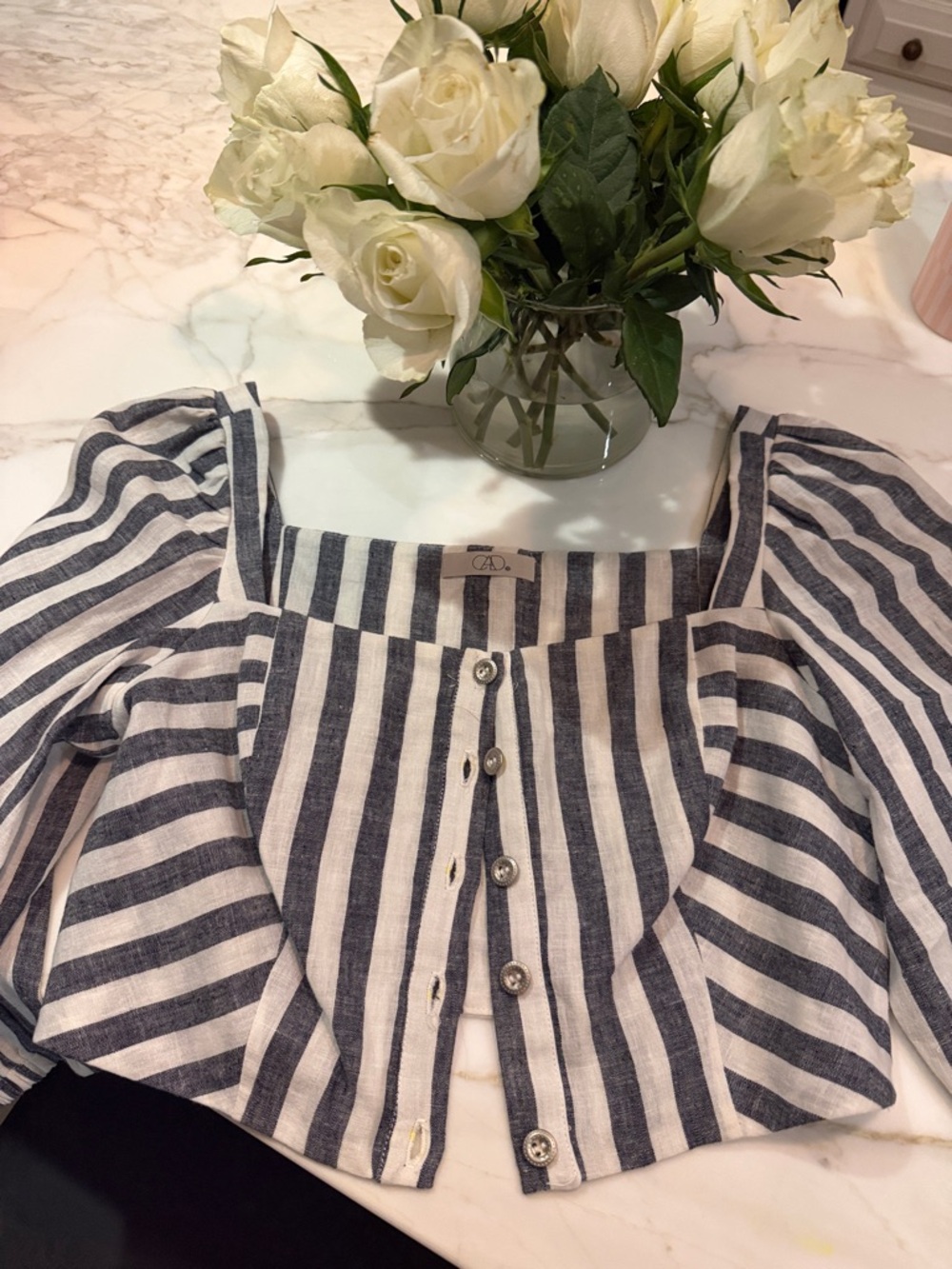 Sweet CAD Vintage Striped Square-Neck Crop Top with Balloon Sleeves